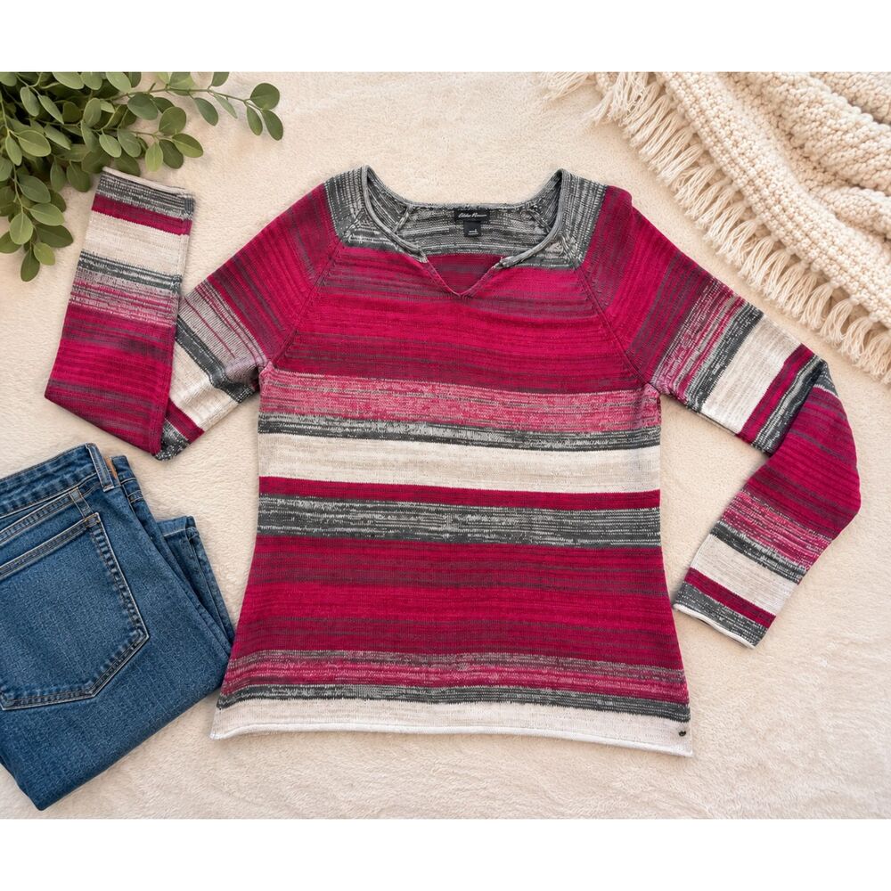 Eddie Bauer Women's L Pink Gray Striped Cotton Knit Sweater